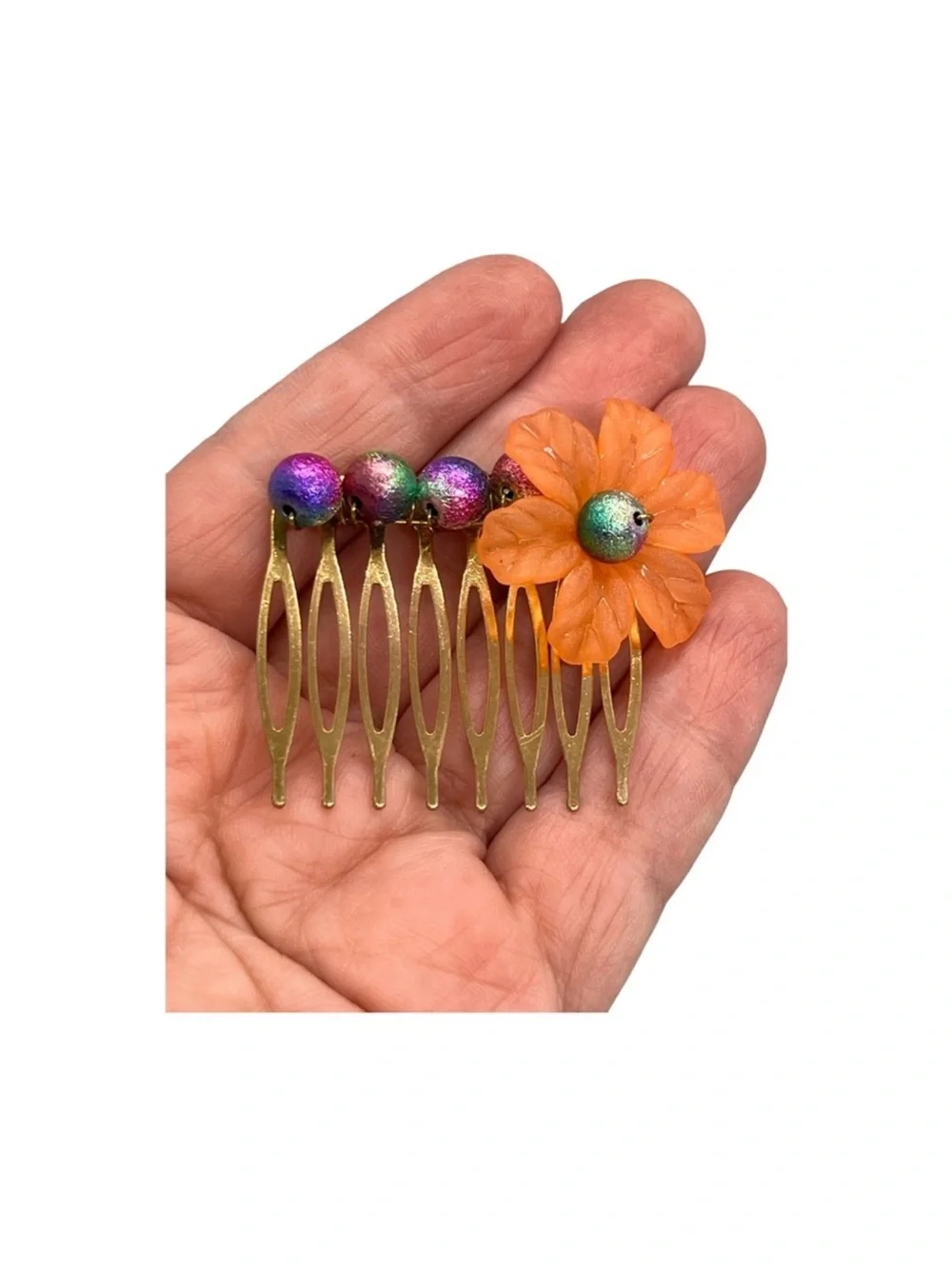 Orange Flower Hair Comb with Multicolor Beads - FINAL PRICE DROP